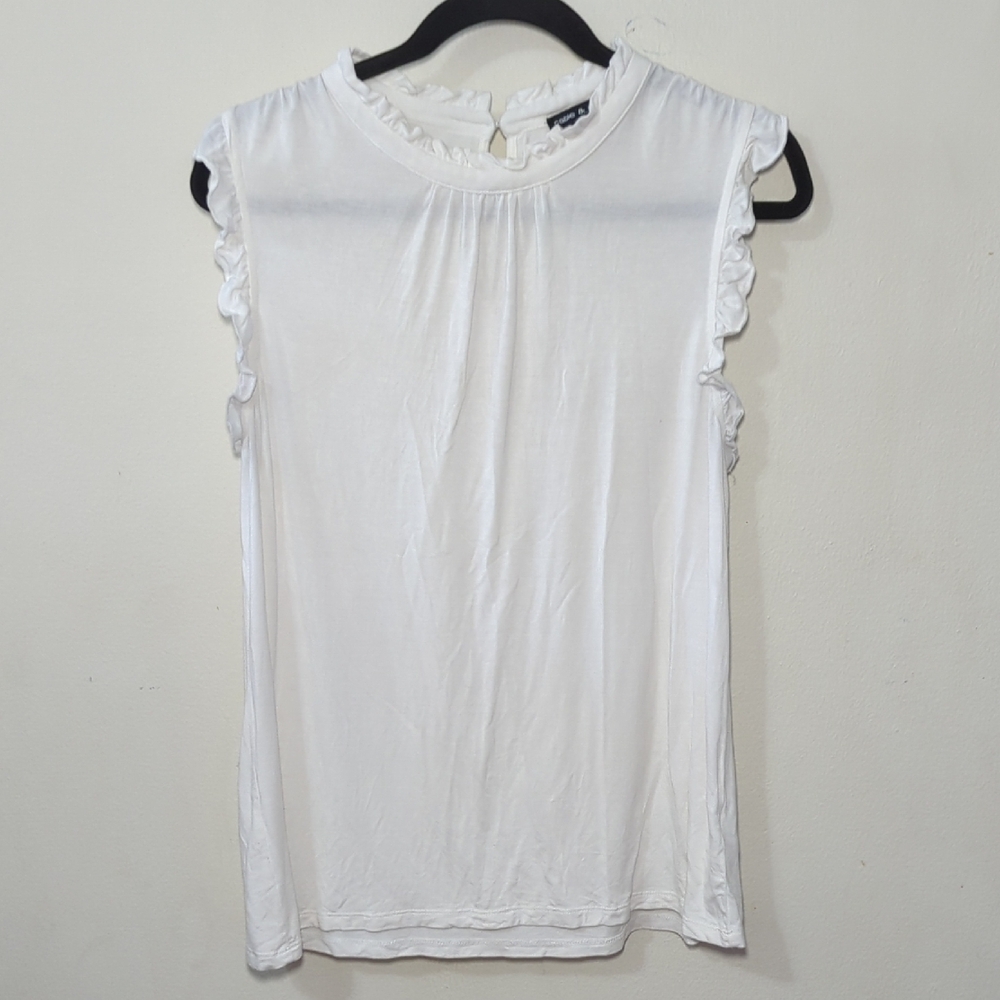 Cable & Gauge White Sleeveless Blouse Ruffle Neck + Shoulders Women's Size L
